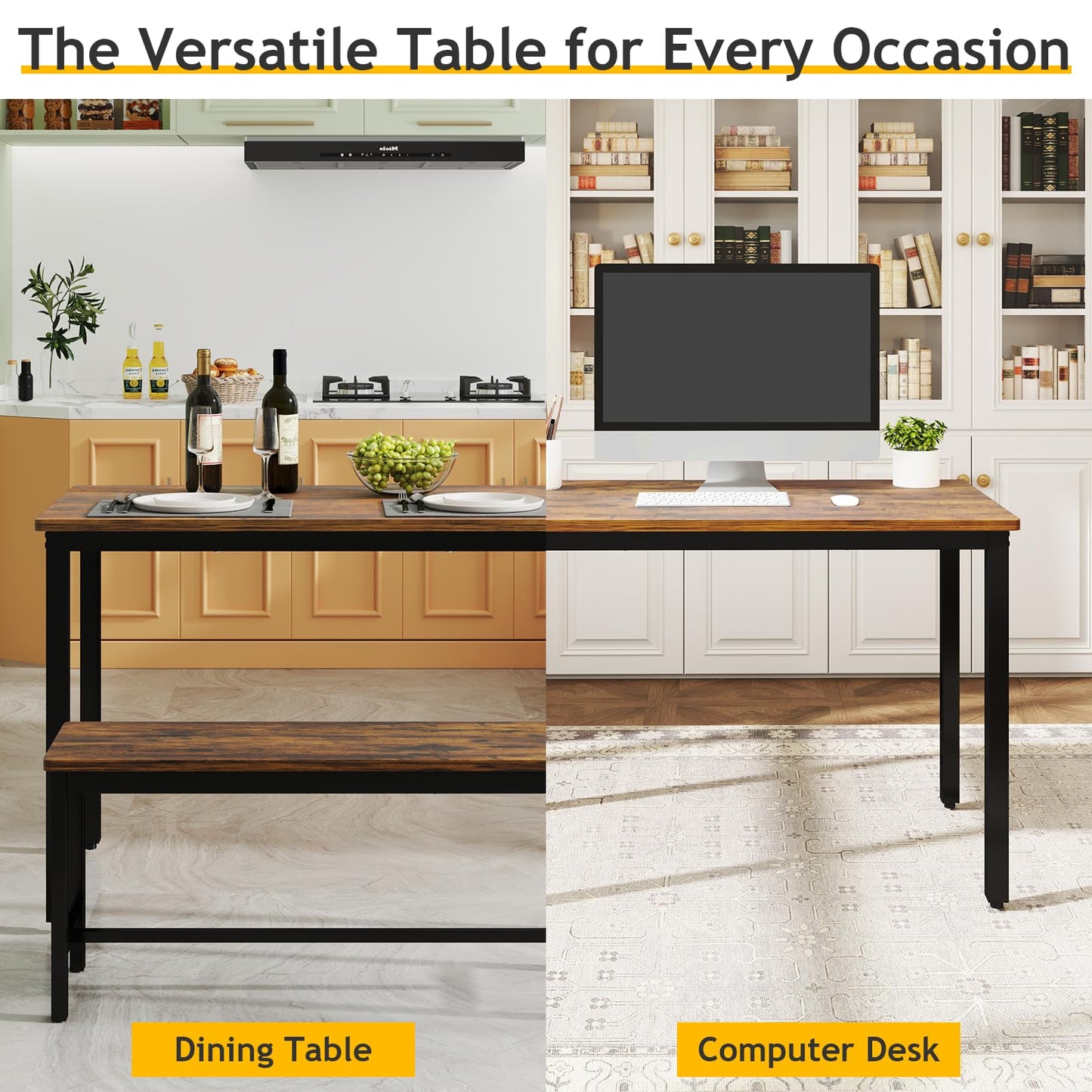 Rovibek 43" Dining Room Table Chairs Set for 4, Modern Space Saving Kitchen Table with 2 Benches & Adjustable Feet Breakfast Table, Wooden Industrial Style Farmhouse, Brown