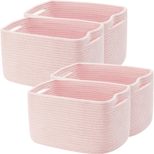 ENAORGAN Set of 4 Pink Rope Basket for Shelves Woven Rectangle Storage Basket Bins for Nursery Toy Storage for Baby Girl