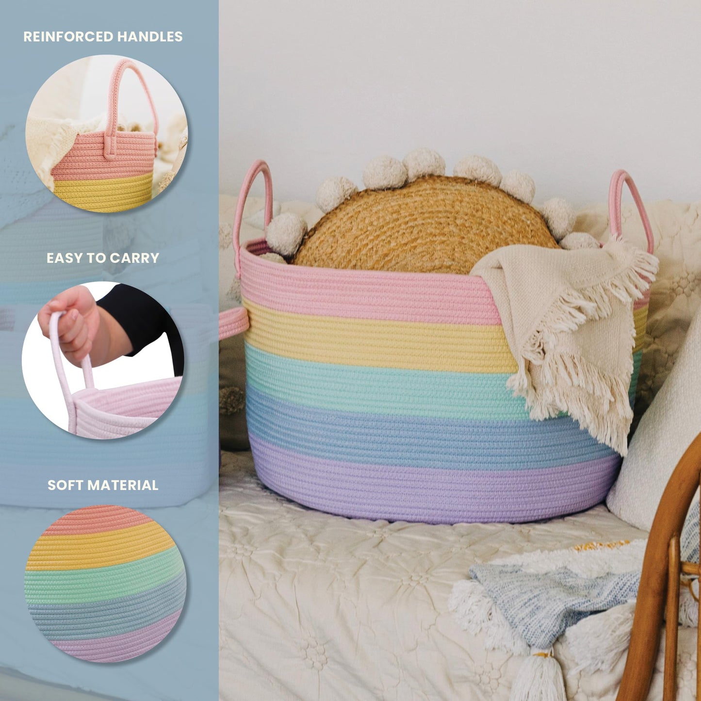 OrganiHaus Rainbow Blanket Basket for Classroom & Nursery, Extra Large Woven Laundry Basket w/Handles, Kids Toy Organizer & Storage, Soft Round Dog Toy Storage Bin, Cute Bin - 20"x13" in