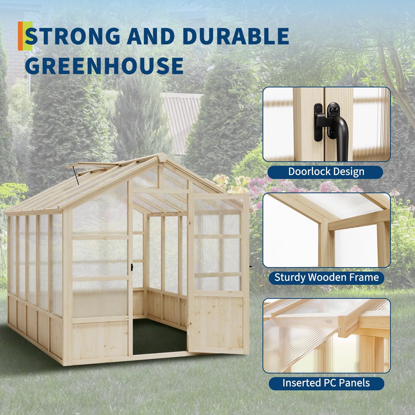10x8FT Wooden Greenhouse, Greenhouses with Lockable Door, Wood Frame & Adjustable Vent, Greenhouse with for Outdoor, Garden, Yard, Light Brown