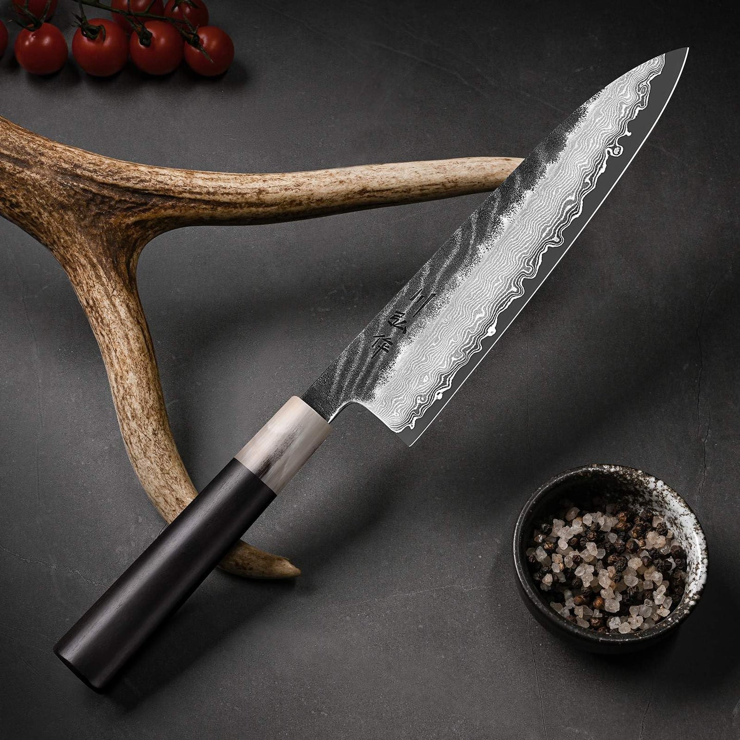 Japanese SLD Steel Chef Knife 210mm – 67 Layer Damascus Chef Knife, HRC 64–66 Ultra Hard Core, Hand Forged Professional Chefs Knife with Distal Taper, Ebony Wood & Horn Handle, Wooden Gift Box
