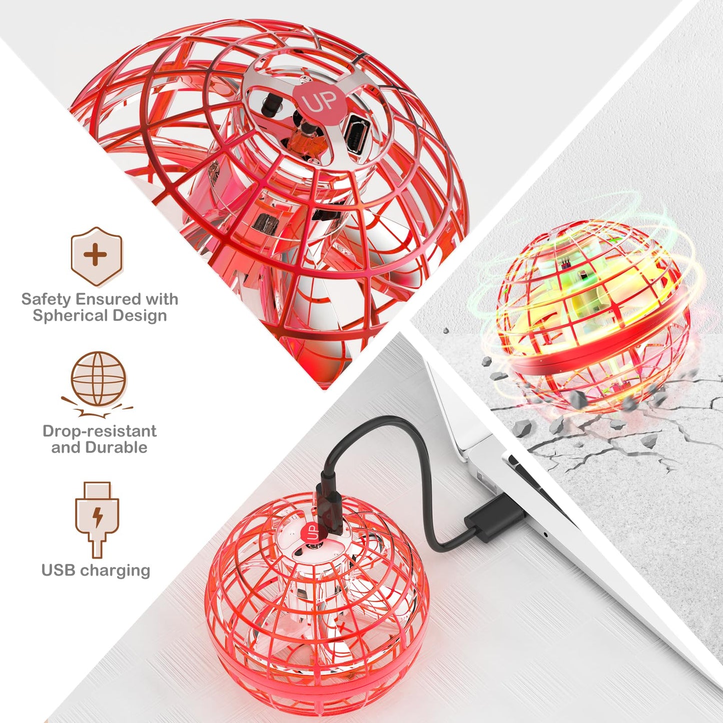 Fesbt Flying Orb Ball 2025 Boomerang Hover Ball Galatic Fidget Spinner Mini Drone Cool Toys Birthday Gift Ideas for 6 7 8 9 10+ Year Old Boys Girls Teens Indoor Outdoor (Red)