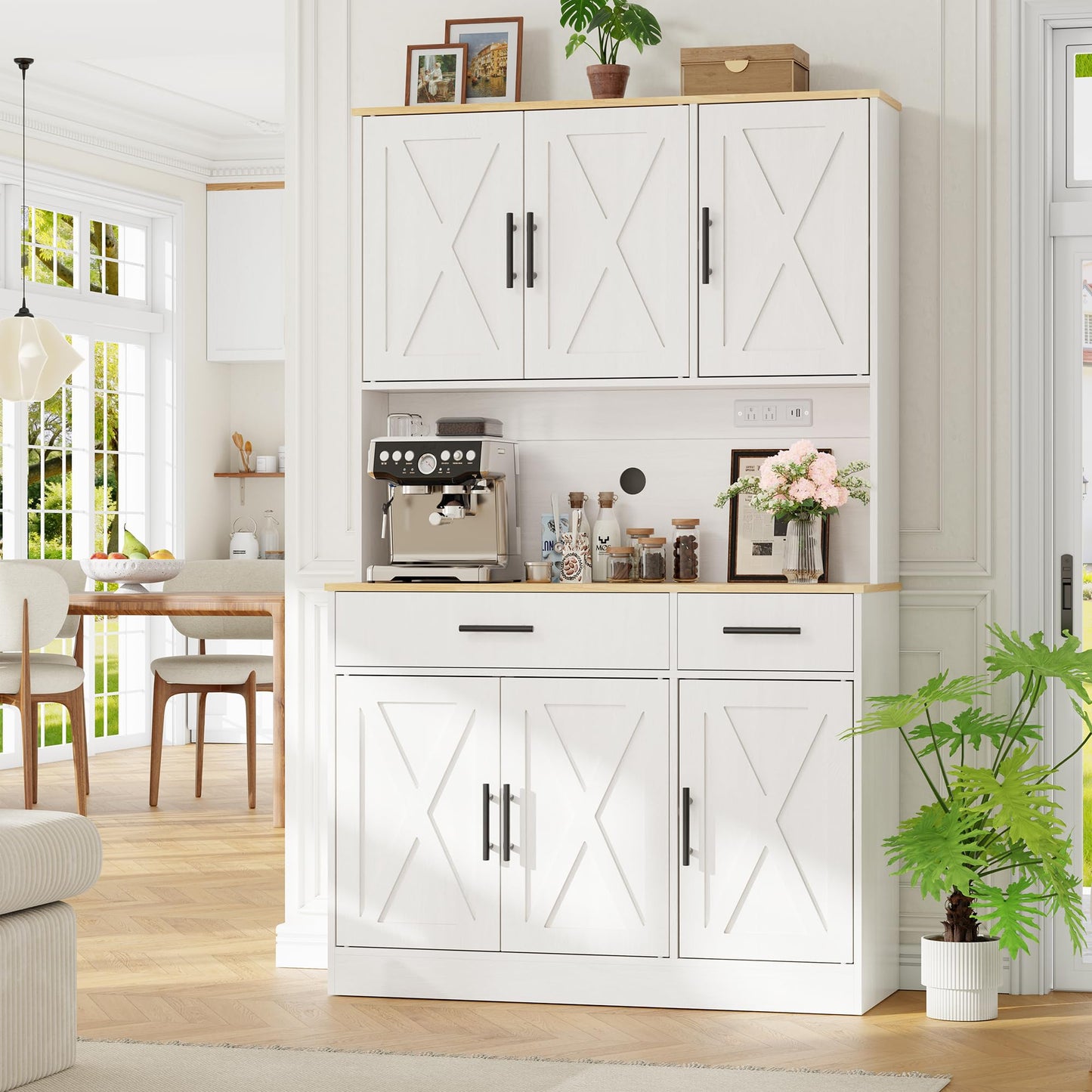 Vongrasig Farmhouse Pantry Cabinet with Charging Station, Tall Kitchen Pantry with Microwave Stand, Storage Drawers & Shelves, Large Kitchen Hutch for Living Room, Dining Room, White
