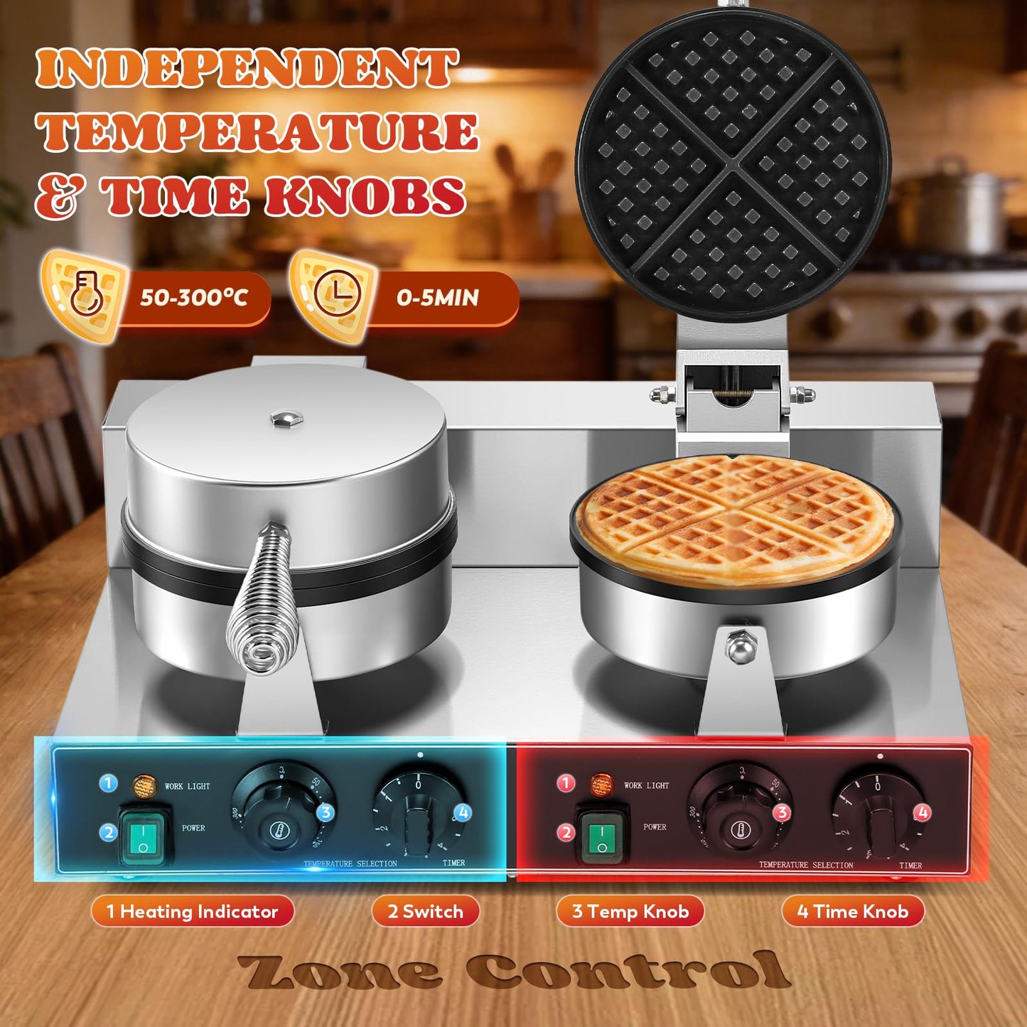 Moongiantgo Commercial Waffle Maker, 2000W Non-Stick Double Head Belgian Waffle Maker Waffle Iron Stainless Steel with Temp & Timer Control, Electric Baker Machine for Home Kitchen Food Trucks, 110V