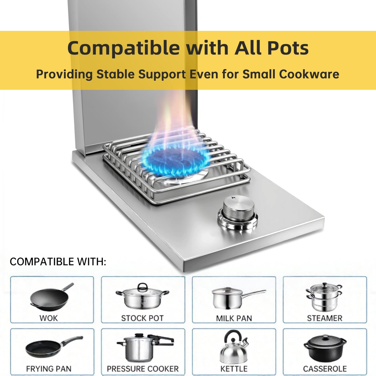 Single Grilling Side Burner, 15,000BTU Natural Gas for Outdoor Kitchen, Heavy-Duty 304 Stainless Steel, Convertible to Liquid Propane, Built-in Single Side Burner for BBQ Grill Island