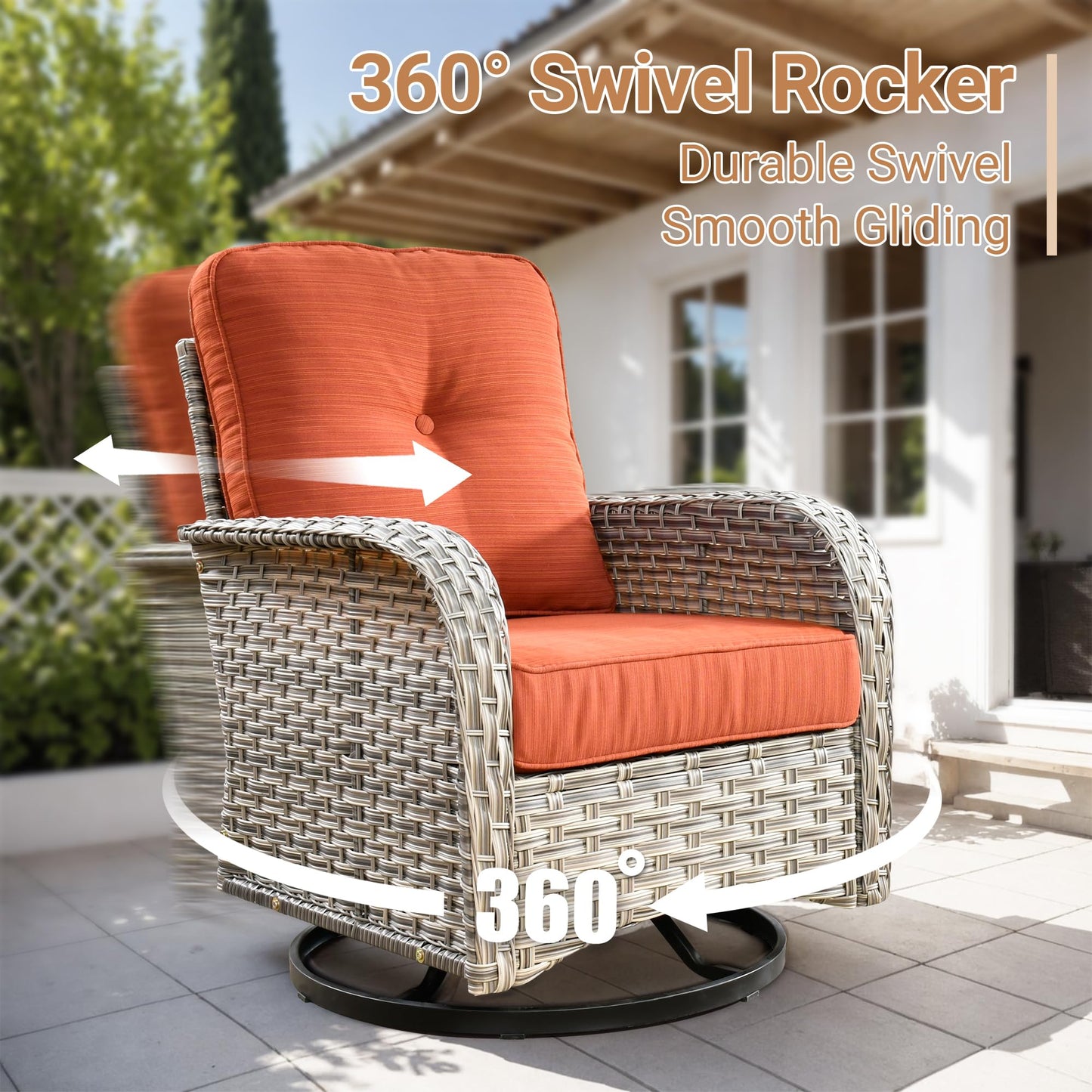 HOOOWOOO Patio Furniture Set,5 Pieces Wicker Outdoor Furniture,High Back Conversation Set with All Weather Resistant Solar Light Table Couch Swivel Chairs,Orange Red