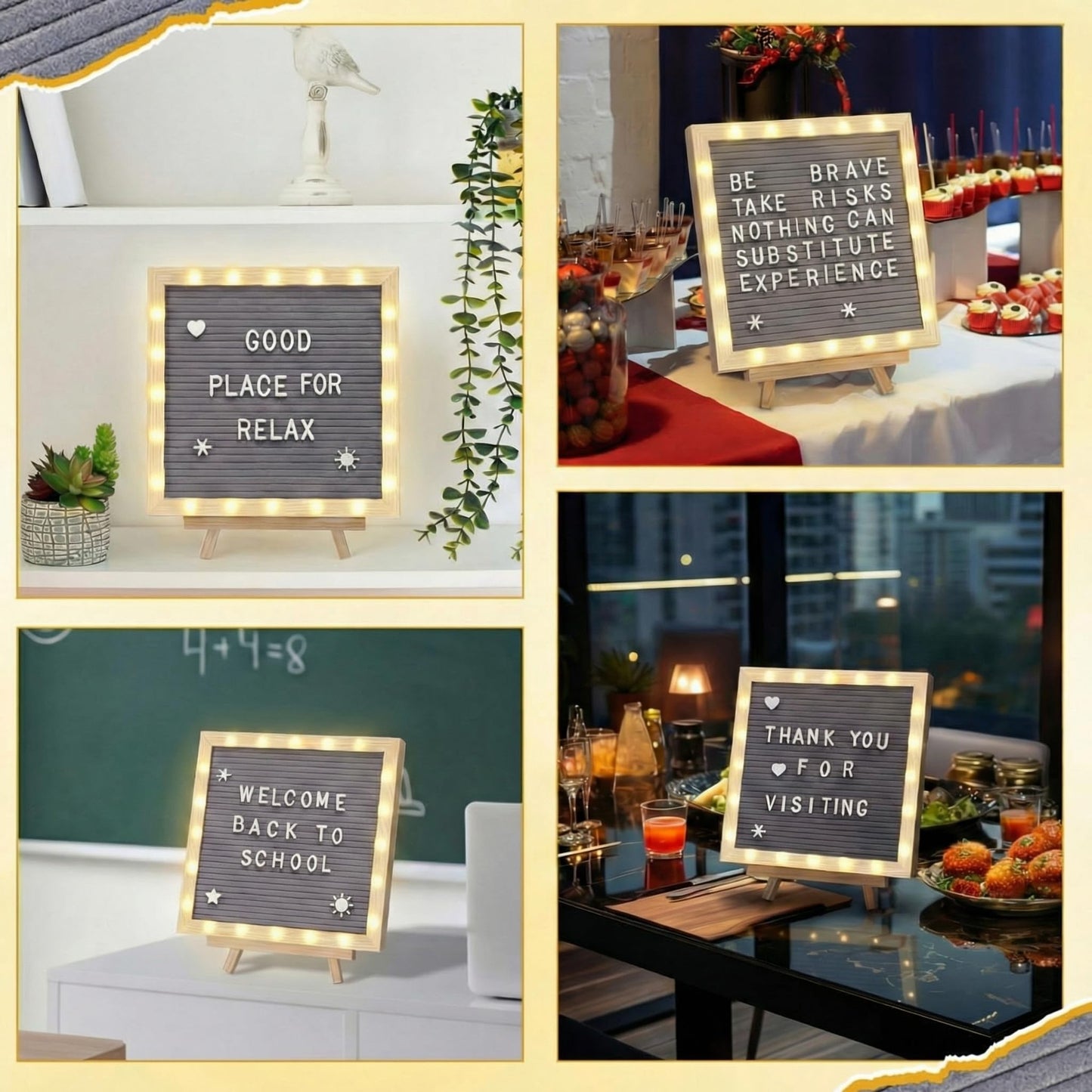 wearage 10x 10 Inch Changeable Felt Letter Board with LED Lights, Message Custom Felt Letter Board with Wooden Stand and 340 Letters for Pregnancy Announcement Classroom Decor Poster (Grey）