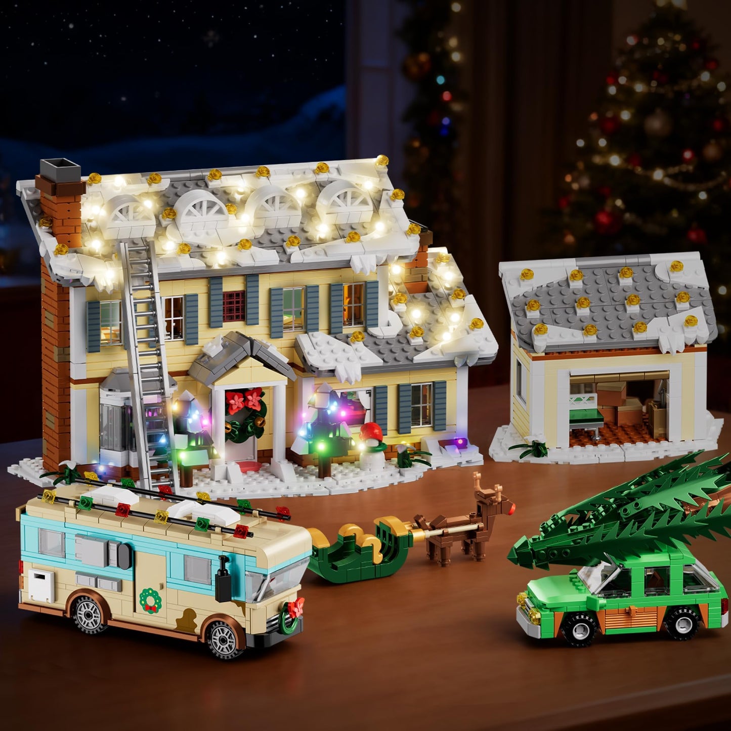 Christmas Holiday House Building Set, 5 in 1 Model Buildings Kits Snow Village & RV Toy Building Blocks Sets with LED, Xmas Decor Toys Gifts for Kids Girls Boys Ages 8+ Adults (1958PCS)