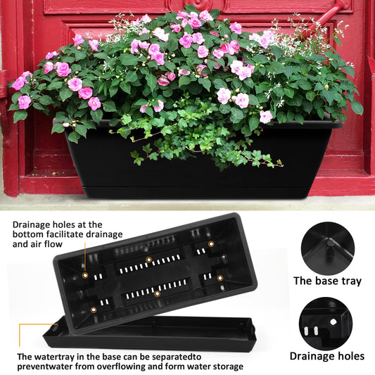 8pcs Window Box Planter,17 Inches Flower Window Boxes,Rectangle Planters Box with Drainage Holes and Trays, Plastic Vegetable Planters for Windowsill Patio Garden Home Decor Porch Yard (Black)