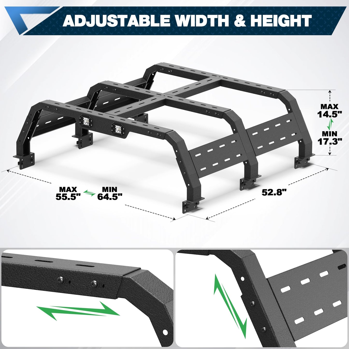 Truck Bed Rack with LED Lights for Tacoma 2005-2025, Adjustable Steel Cargo Rack for Factory Bed Rails