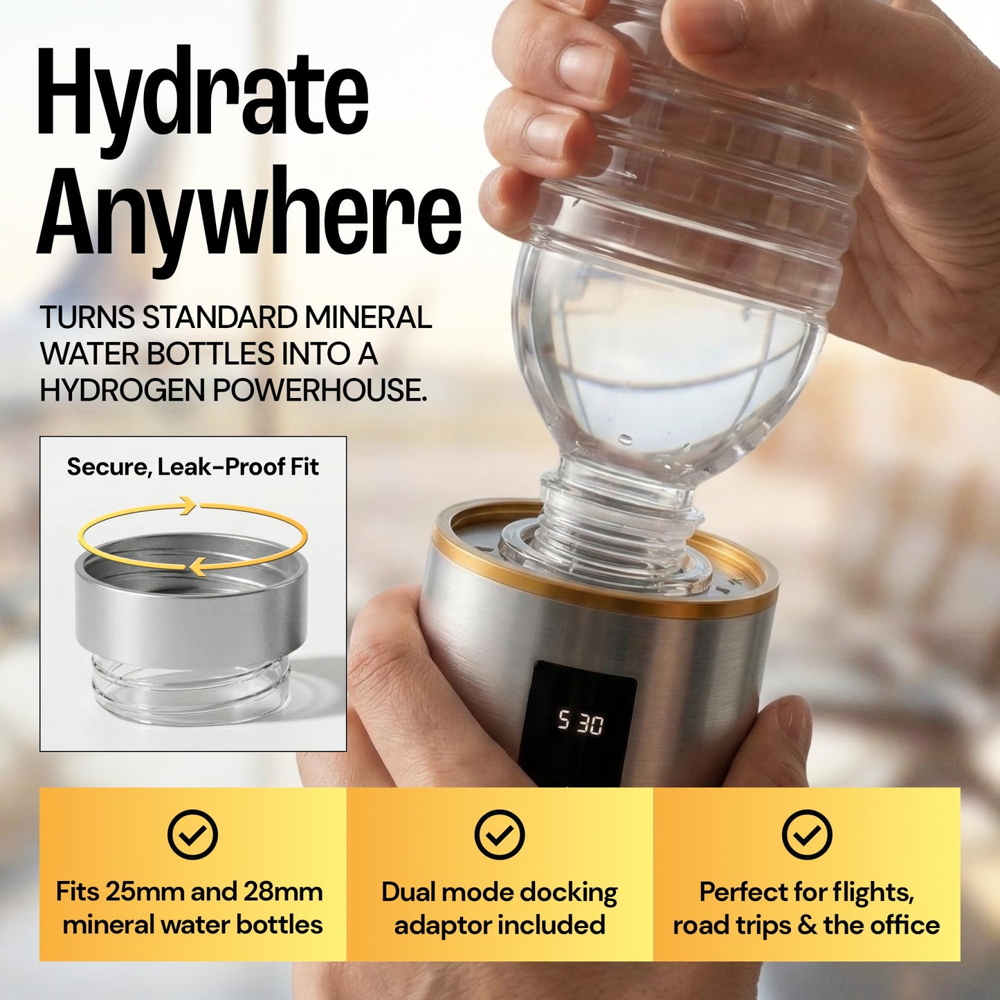 Hydrogen Water Bottle Generator, Up to 6500 PPB Molecular Hydrogen, Independently Lab Tested, SPE/PEM Technology, 12-Hour Retention, 9.5 oz Portable Bottle for Home, Gym, Travel & Office