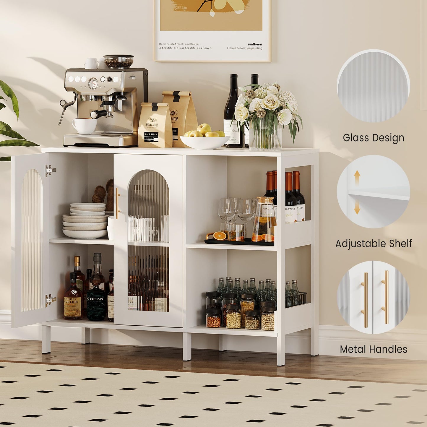 GAOMON Buffet Sideboard Cabinet, Wooden Storage with Glass Doors, Two Metal Handle, Storage Cabinet with Adjustable Shelves, Modern Sideboard for Living Rome, Kitchen, Dining Room,White