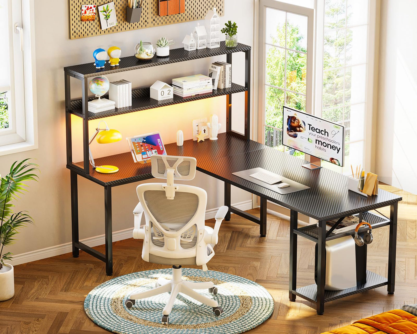 ODK 61" L Shaped Gaming Desk with Hutch & Headphone Hook, Corner Computer Table with Storage Shelves for Home Office, Black