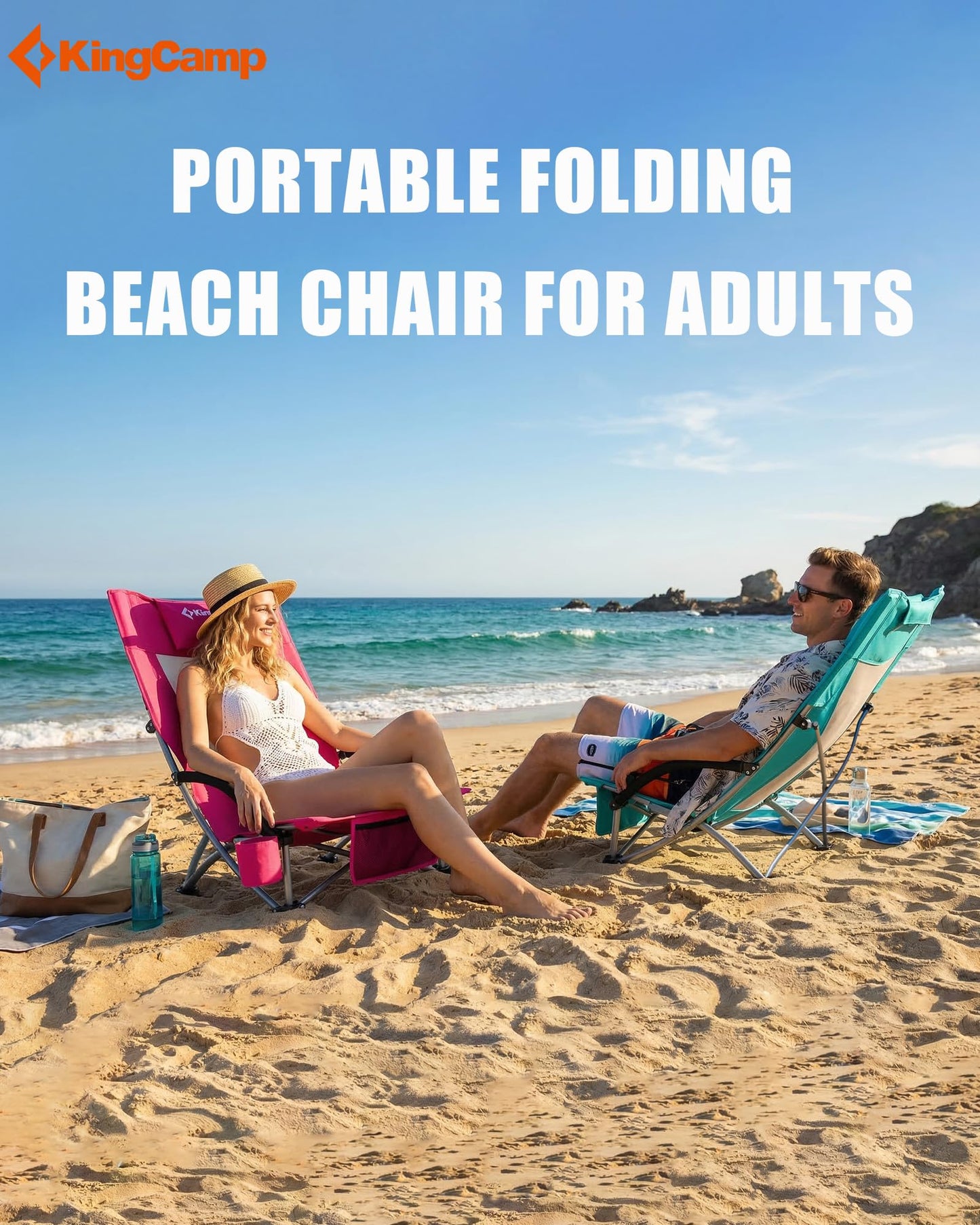 KingCamp Low Beach Chairs, Portable Folding Chair for Adults Extra Wide Ergonomic High Back Seat 300lbs Heavy Duty Lightweight Oversized Gear with Carry Bag for Outdoor Lawn Camping Picnic