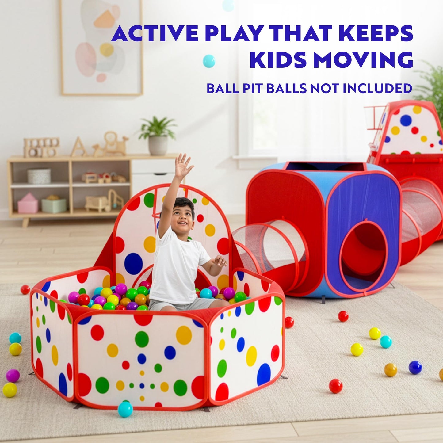 Playz 5-Piece Kids Play Tents Crawl Tunnels and Ball Pit Popup Bounce Playhouse Tent with Basketball Hoop for Indoor and Outdoor Use with Red Carrying Case