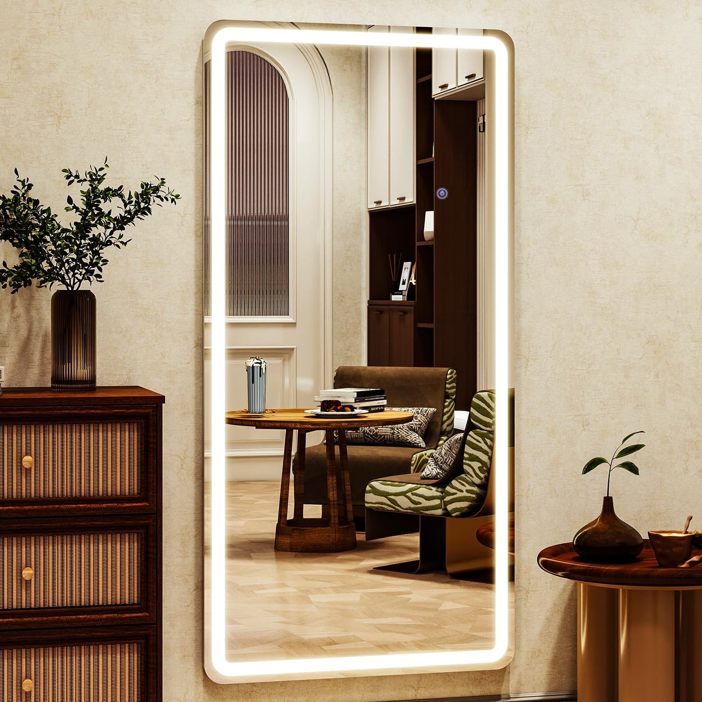 XRAMFY LED Rectangular Corner White Full Length Mirror - 30“ x 71” Brightness Adjustable, Touch Screen Control, Wall Mounted or Freestanding, for Bedroom Living Room Cloakroom Dressing Mirror