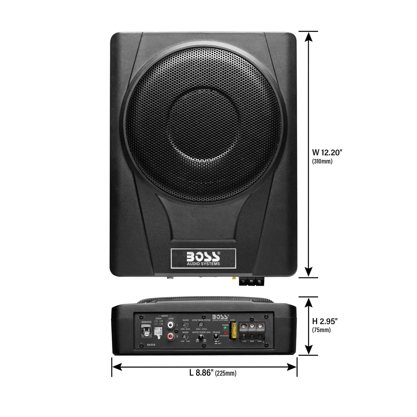 BOSS Audio Systems BASS8K 8 Inch Powered Car Subwoofer and Amplifier Wiring Kit Package - 800 Watts Max Power, Under Seat, Low Profile, 8 Gauge Wiring Kit, for Truck Boxes and Enclosures