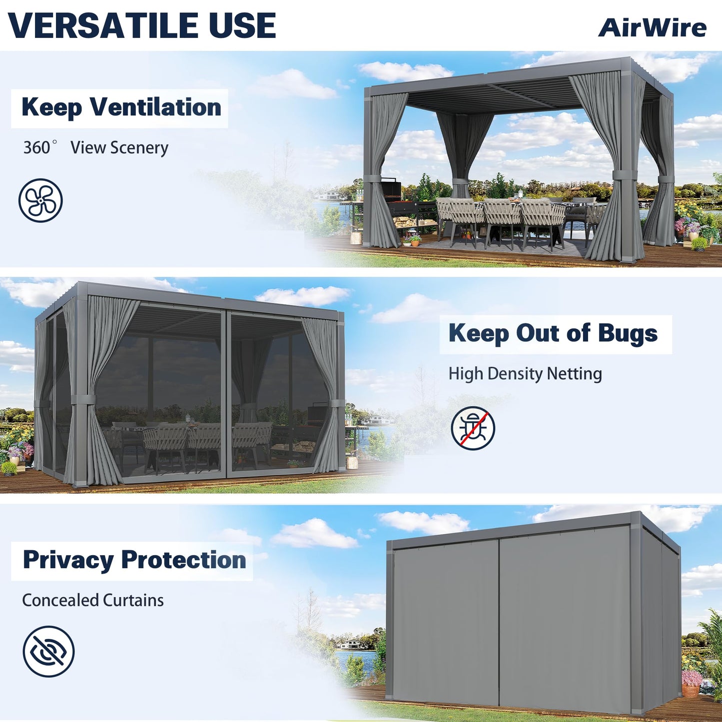 Airwire 10x12 FT Louvered Pergola, Aluminum Outdoor Pergolas with Adjustable Roof, Hardtop Gazebo with Waterproof Curtains & Netting for Deck, Patio, and Backyard