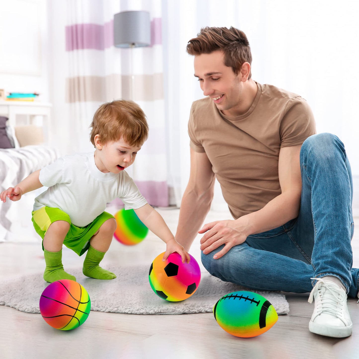 Homotte Rainbow Sports Balls Pack of 4, 8.5" Football Basketball Soccer Volleyball Set with Pump, Inflatable Multi-Sports Ball Set, Outdoor Playground Toys for Kids, Bulk Available