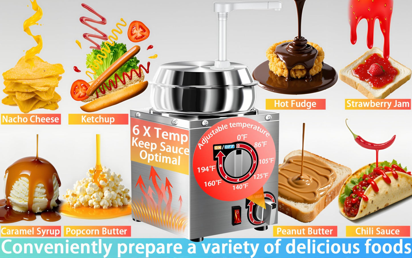 Nacho Cheese Dispenser, 7.4Qt Nacho Cheese Warmer with Pump, Stainless Steel Hot Fudge Warmer W/6-Level Temperature Adjustment, Commercial Sauce Dispenser for Butter Cheese Caramel