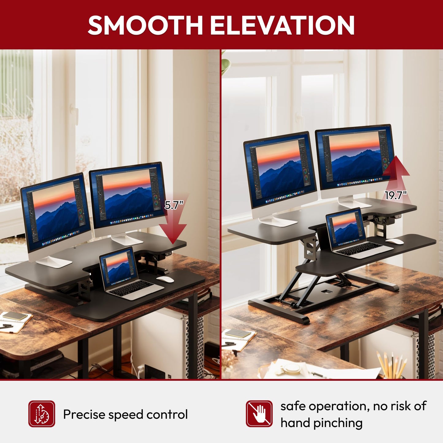 SANODESK 42" Electric Standing Desk Converter, Height Adjustable Riser for Office Home,Dual Monitor and Laptop Workstation with Large Keyboard Tray, Black Color