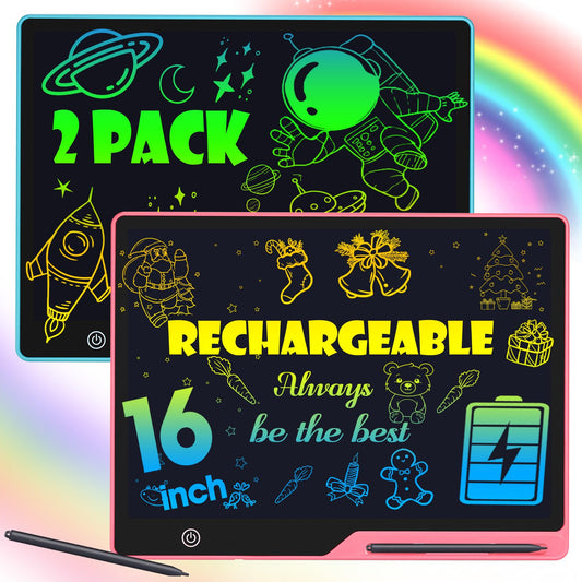 POPERFUN 2 Pack LCD Writing Tablet for Kids, 16 Inch Rechargeable Erasable Doodle Board Colorful Toddler Drawing Pads, Preschool Learning Toys Christmas Birthday Gift3 5 7Year Old Girls Pink and Blue