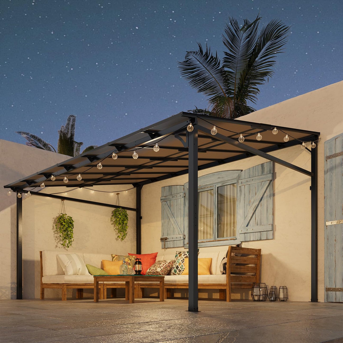 10x14FT Lean to Gazebo, Heavy-Duty Wall-Attached Gazebo with Sturdy Steel Frame, Hardtop Metal Pergola with 6mm Anti-UV Polycarbonate Roof & Pre-Drilled Post Bases, Patio Canopy for Backyard, Deck