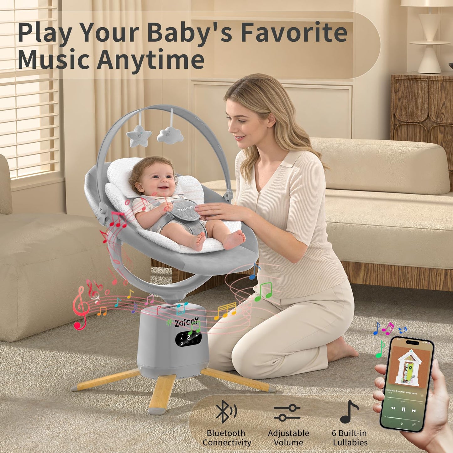 Baby Swings for Infants, Zoicay Electric 3D-Motion Baby Swing with 9 Modes & 8 Speeds, 360° Rotating Seat, APP & Remote Control, 6 Lullabies, Portable Infant Swing for Indoor and Outdoor(Gray)