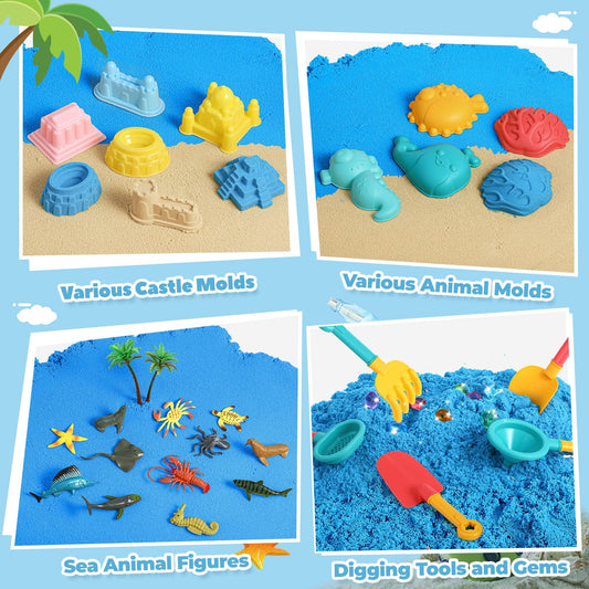 FRUSE Ocean Sensory Bin,Play Sand Art Kit with 2.2lbs Play Sand,12 Sea Animal Toys,Sand Molds,Role Play Beach Toy Sandbox Toys for Toddlers 3 4 5 6 7