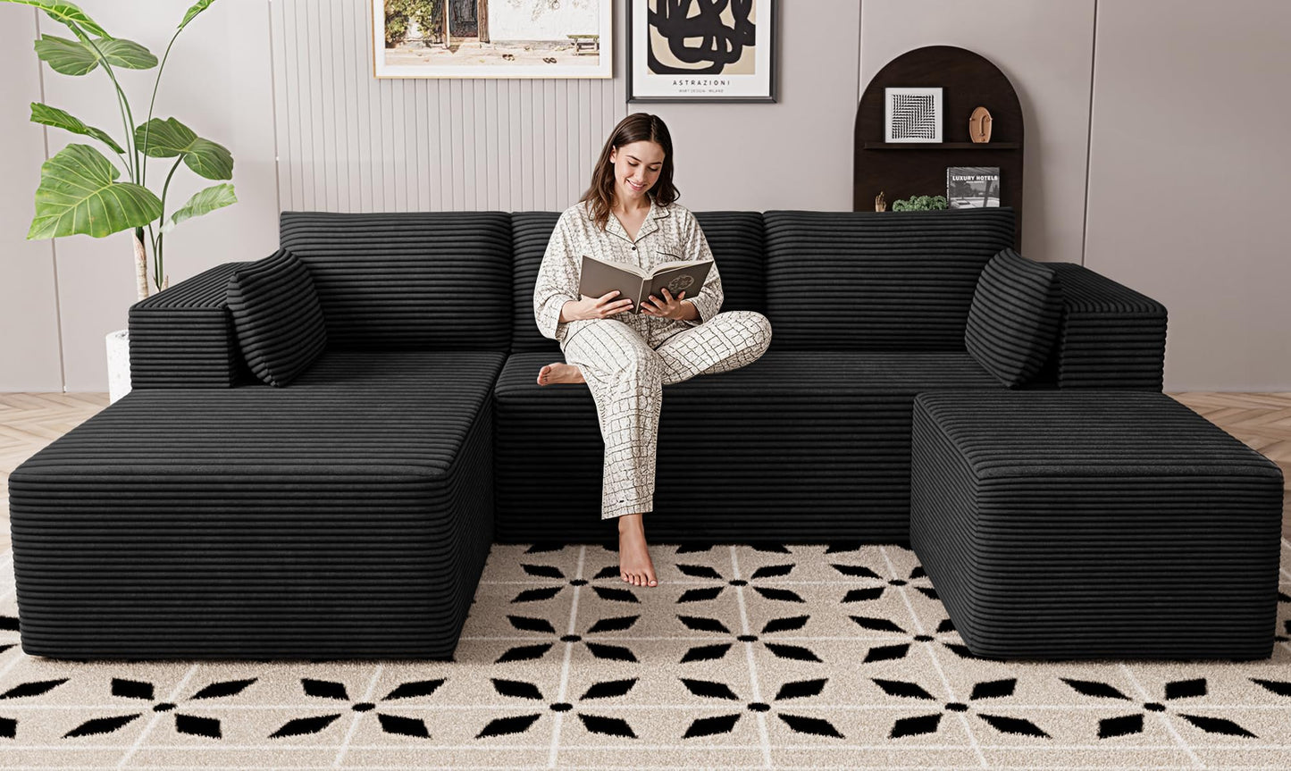 106" Cloud Sectional Boneless Couches for Living Room, Modular U Shaped Couch with Deep Seat, Removable Ottoman, Memory Foam Compressed Spineless 4 Seater Sofa for Bedroom Apartment, Black