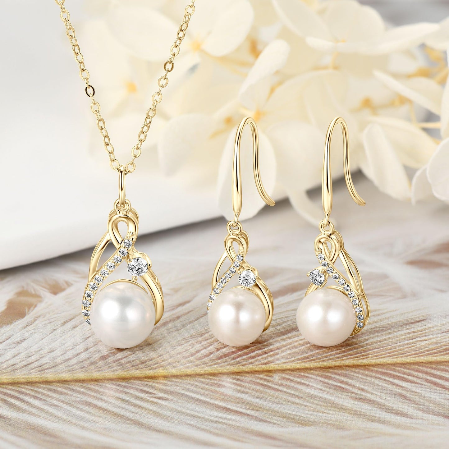 DENGGUANG Sterling Silver Pearl Jewelry Set with Moissanite, Real Freshwater Pearl Earrings Necklace for Women, Gold Plated Wedding Jewelry for Brides Bridesmaid, Mother's Day