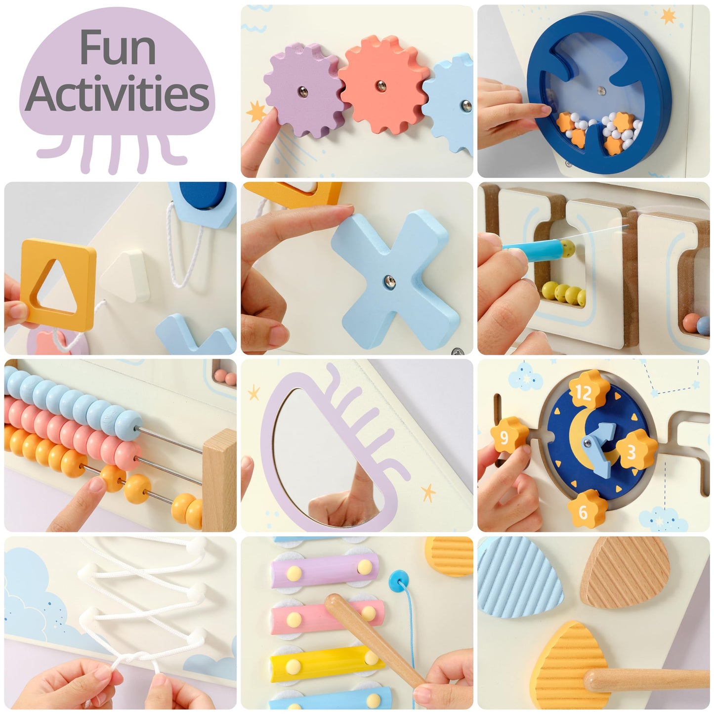 Pillowhale Tangram Activity Wall Busy Board Panels, 12-in-1 Learning Activity Center, Wooden Montessori Sensory Toys for Toddler Playroom, Nursery, Daycare, Classroom, Dentist Waiting Room