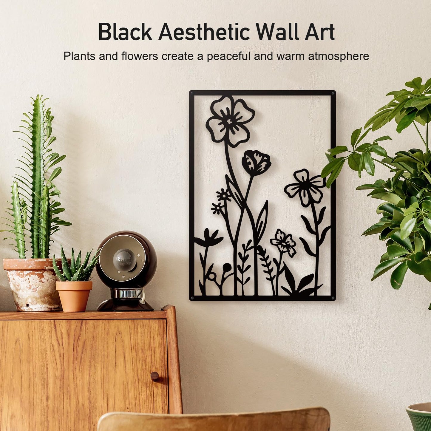 Sokurdeg Black Metal Flowers Wall Decor, Minimalist Floral Wall Hanging Art, Black Abstract Line Wall Art Sculptures for Bedroom Bathroom Living Room (4 Pcs, 12 x 17 in)