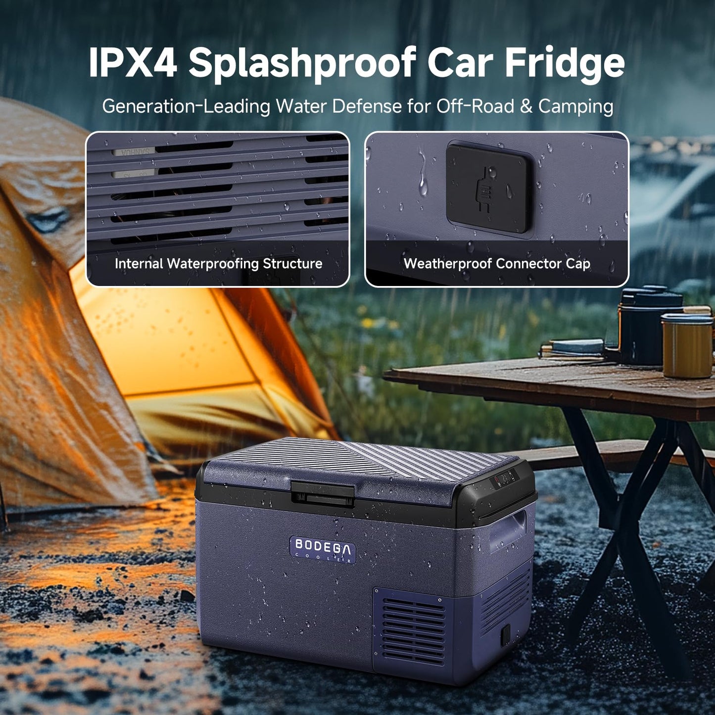 BODEGACOOLER 12 Volt Car Refrigerator, 42QT(40L) IPX4 Waterproof Electric Cooler, 31dB Ultra-Quiet Car Fridge APP Control with 12/24V DC 110-240V AC, -4℉~68℉, Portable for Truck RV Camping, Travel