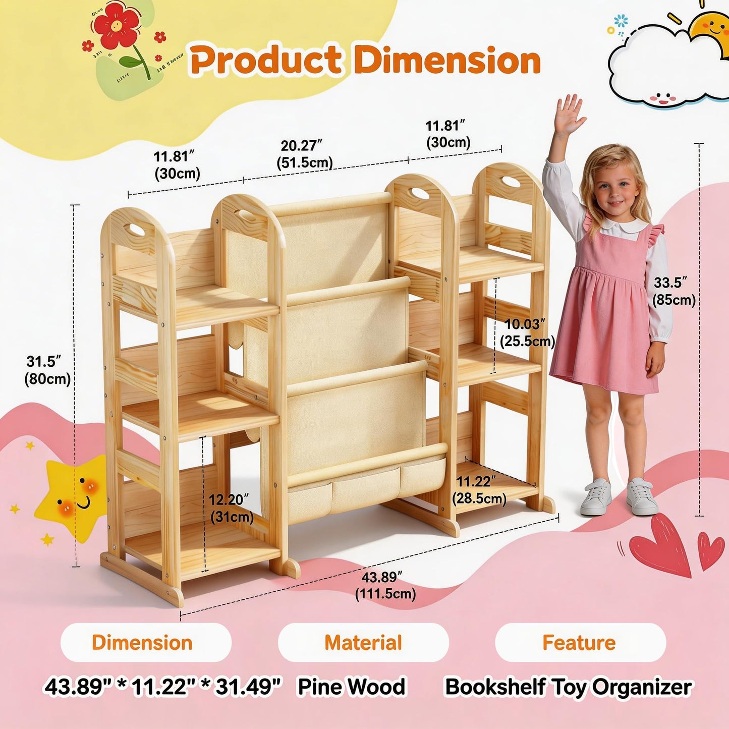 TWINDLE Kids Bookshelf and Toy Storage Organizer, Large 3 Tier Wooden Kids Book Shelf with Sling Book Rack for Kids Room, Nursery, Playroom