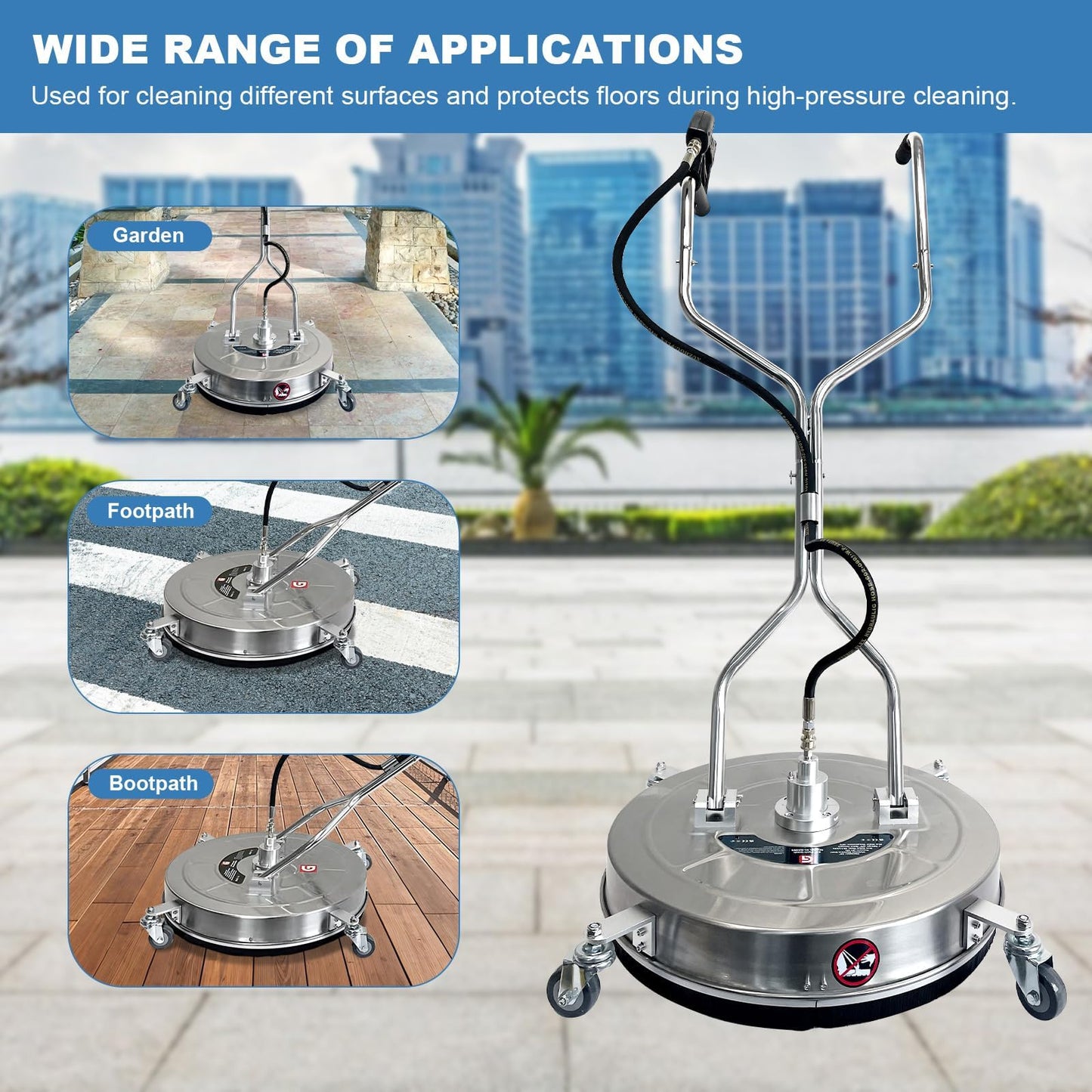 BouPower 30" Pressure Washer Surface Cleaner with 4 Wheels, 5200PSI Stainless Steel Surface Cleaner Attachment, Stainless Steel Dual Handle Pressure Washer for Concrete Driveway Sidewalk Deck Patio