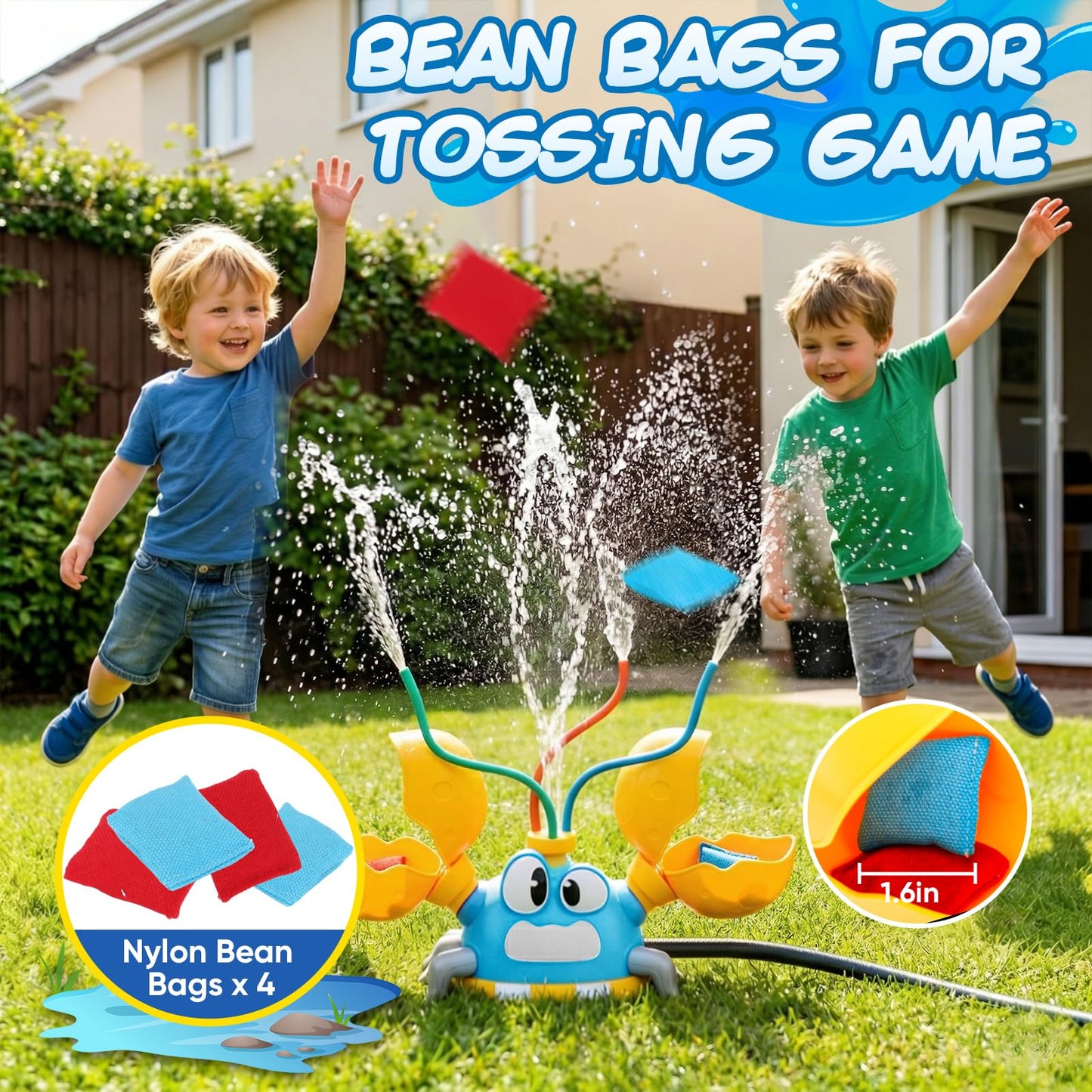 Water Sprinkler for Kids Toddlers, 4 in 1 Crab Sprinklers for Yard with 3 Spray Patterns & 4 Bean Bags for Toss Game, Kids Sprinklers for Outside Backyard, Summer Toys Water Fun for Kids 3 4 5 6 7 8