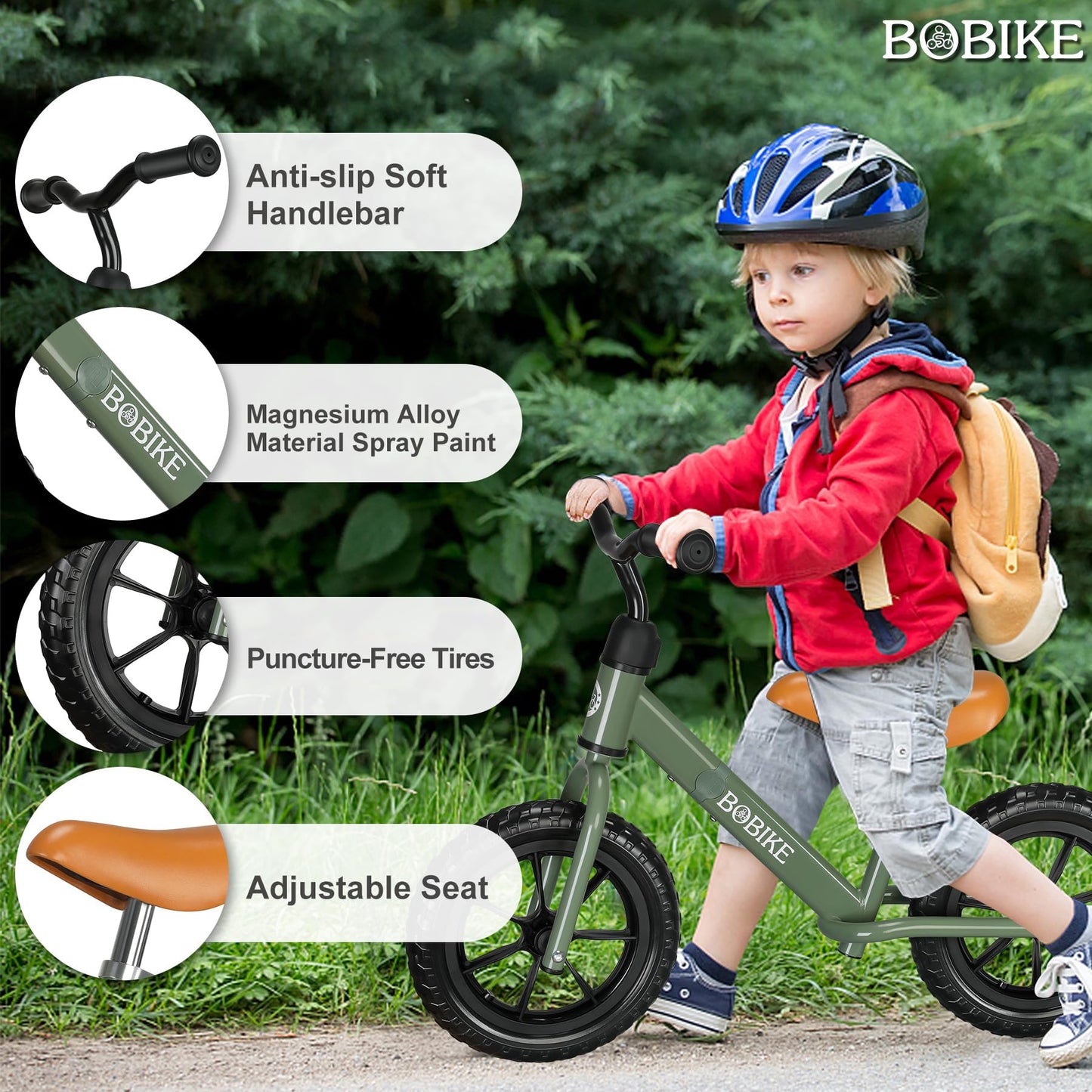 Bobike Toddler Balance Bike Toys for 2 to 5 Year Old Girls Boys Adjustable Seat and Handlebar No-Pedal Training Bike Best Gifts for Kids (Green)