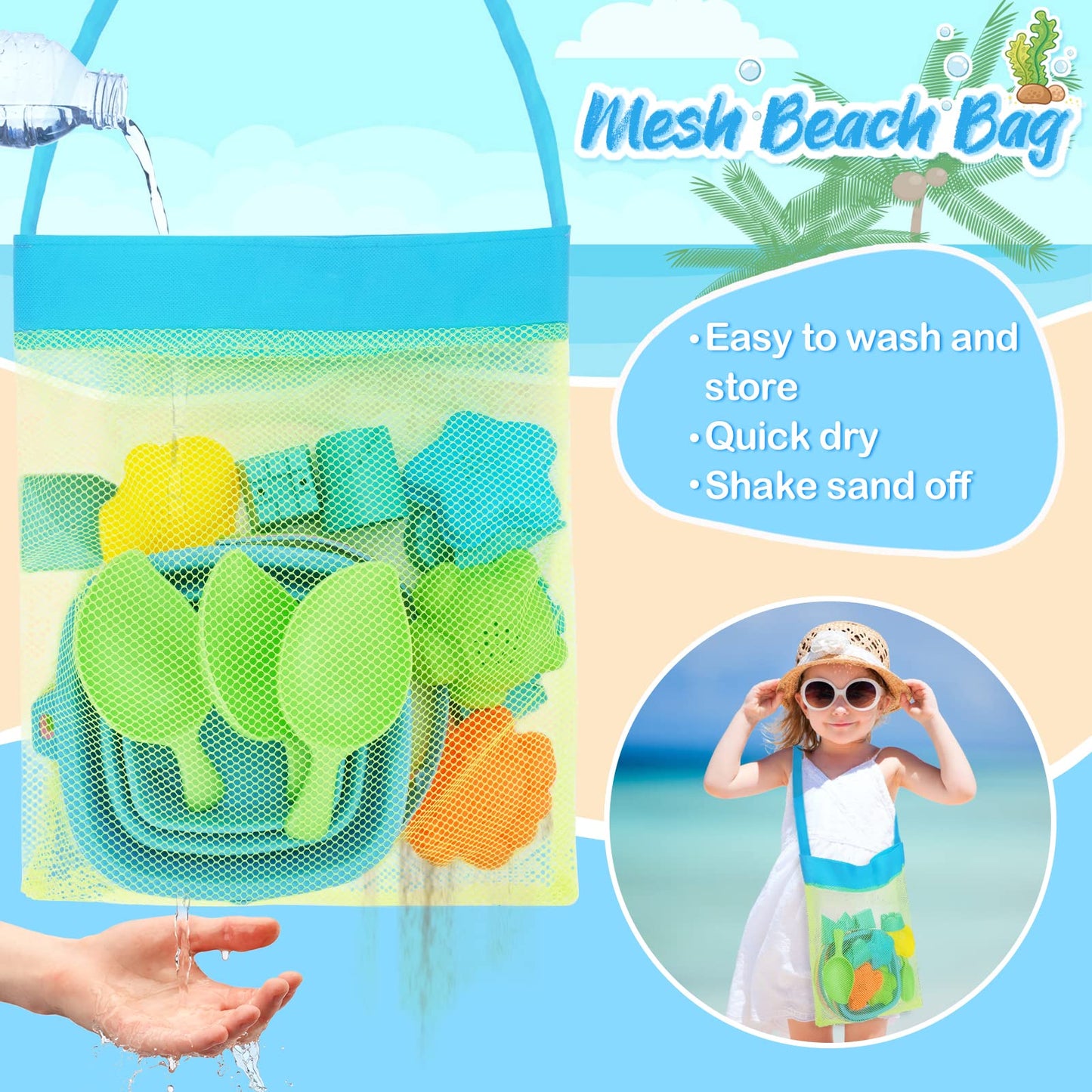 RACPNEL Collapsible Beach Toys for Kids, 3 Pack Foldable Sand Buckets and Shovels Set with Mesh Bag, Silicone Pails for Beach Travel Essentials, Easter Egg Hunt, Sand Toys Molds for Kids and Toddlers