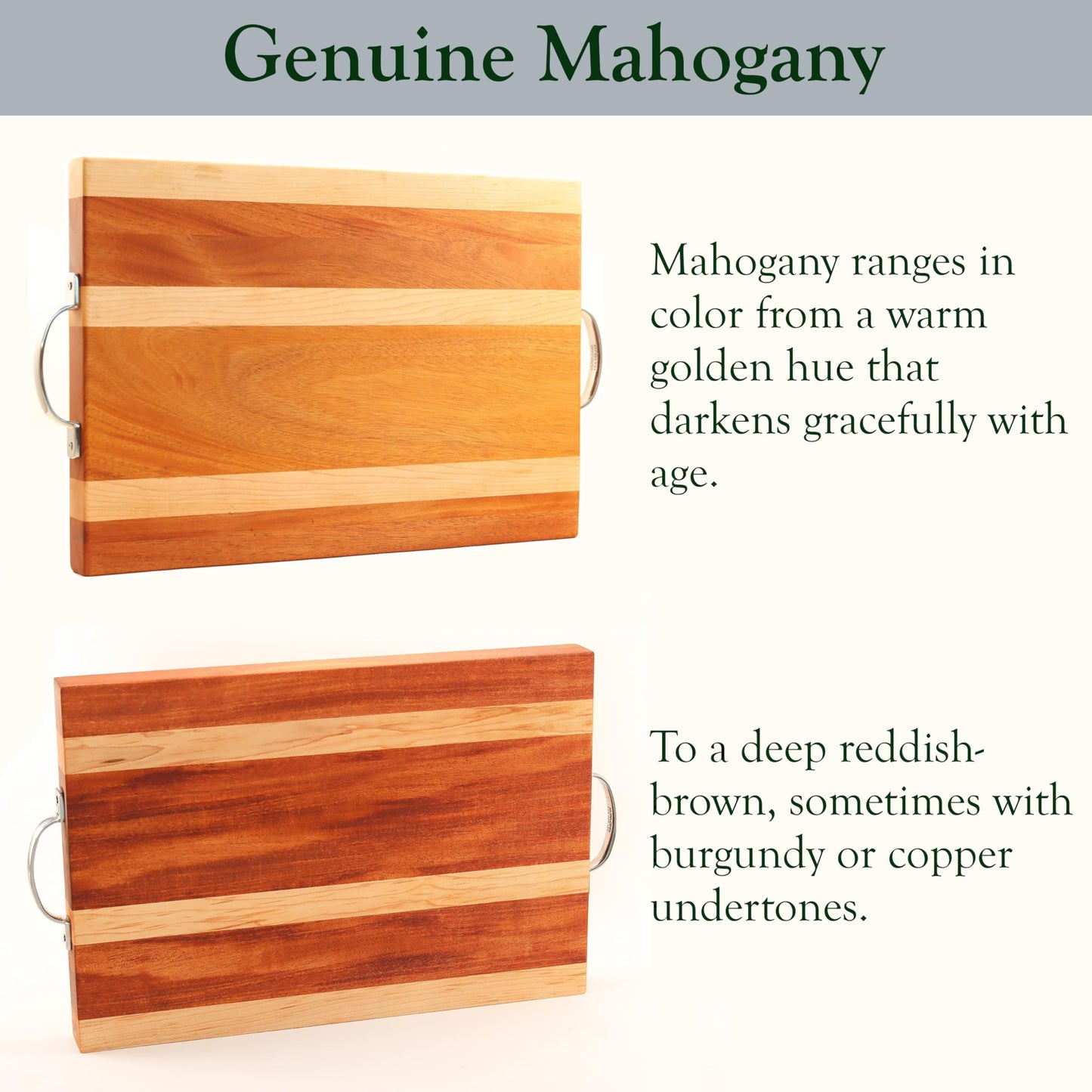 Grandwood Manor Mahogany & Maple Cutting Board & Charcuterie/Serving Platter with Stainless Steel Handles (19 x 13 x 1.75)