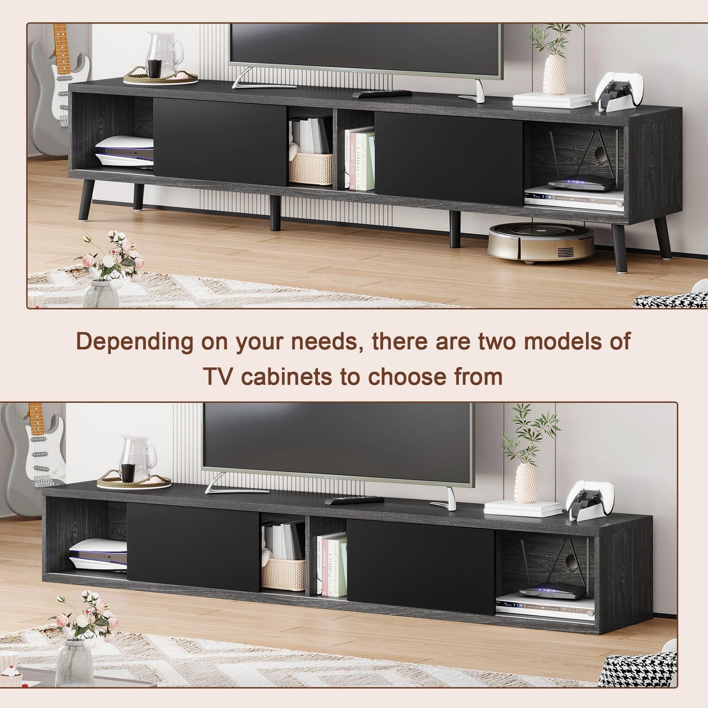 Clikuutory Mid Century Modern 70 Inch TV Stand with Two Large Storage Space for 50 55 60 65 70 75 80 Inch TVs, TV Console with Two Sliding Door, Entertainment Center for Bedroom, Grey