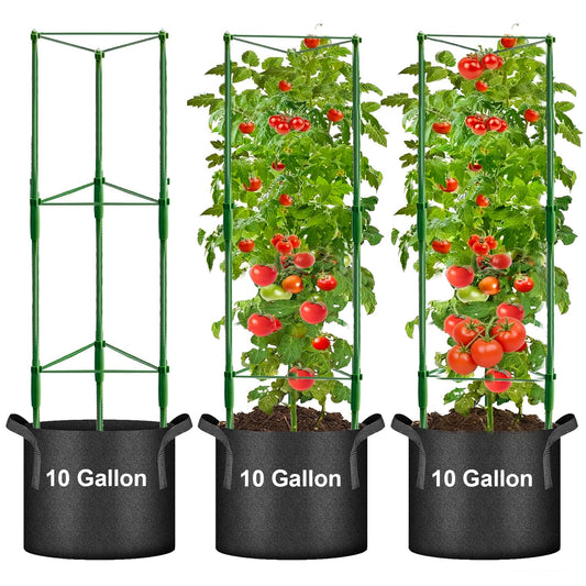 3 Pack Tomato Cage with 10 Gallon Grow Bags, 48" Height Adjustable Tomato Trellis with 65Ft Twist Tie, Heavy Duty Tomato Cages for Garden Flowers Vegetables Climbing Plants