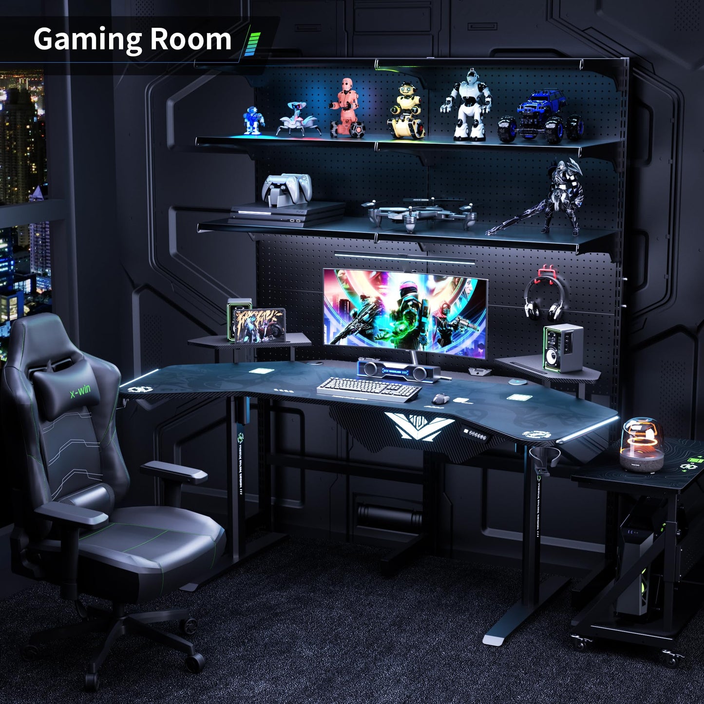 Klobel 72" Standing Gaming Desk with Dual Motor, Wing-Shaped Computer Desk with Full Coverage Mouse Pad, Electric Height Adjustable Standing Desk with RGB LED Lights and Slot Design Shelves