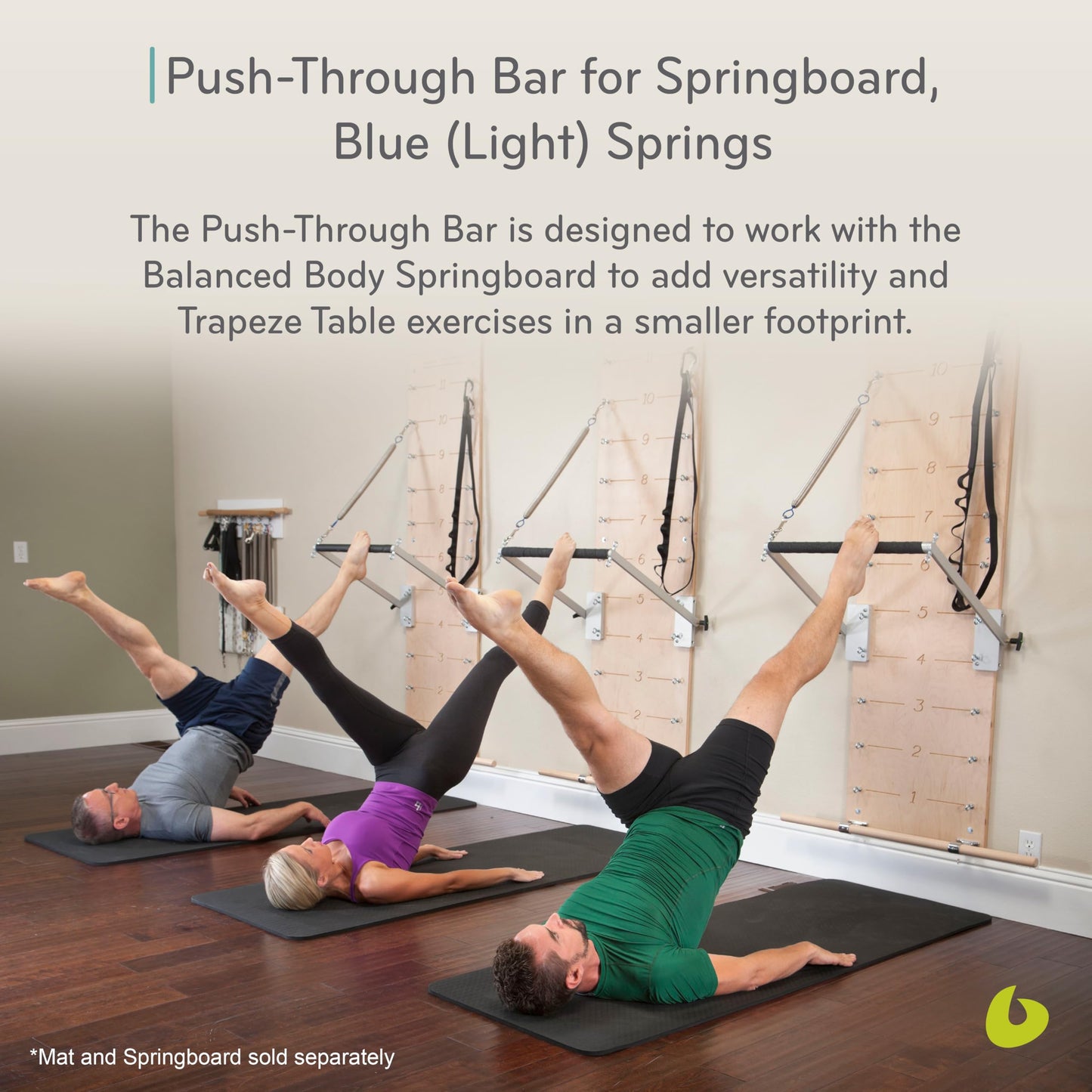 Balanced Body Push-Through Bar Kit for Pilates Springboard, Pilates Wall Equipment for Home Gym or Studio Use, Blue, Light Resistance Springs