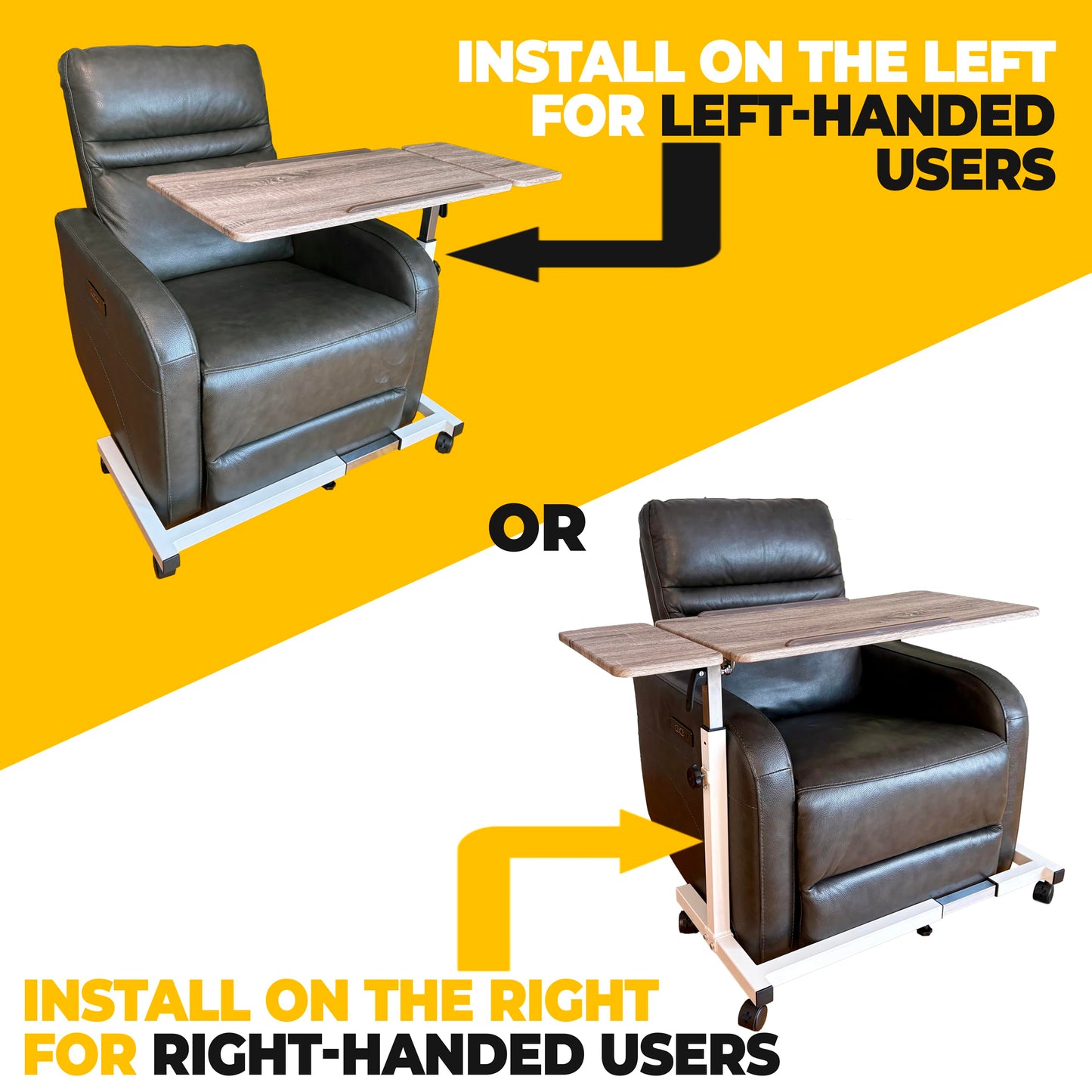 Sigmade Recliner Table, Over The Bed Table with Wheels, Adjustable Width & Height, with Split Tilt Design & 4 Caster Wheels with Brakes (White Base & Wood Grain Tabletop)