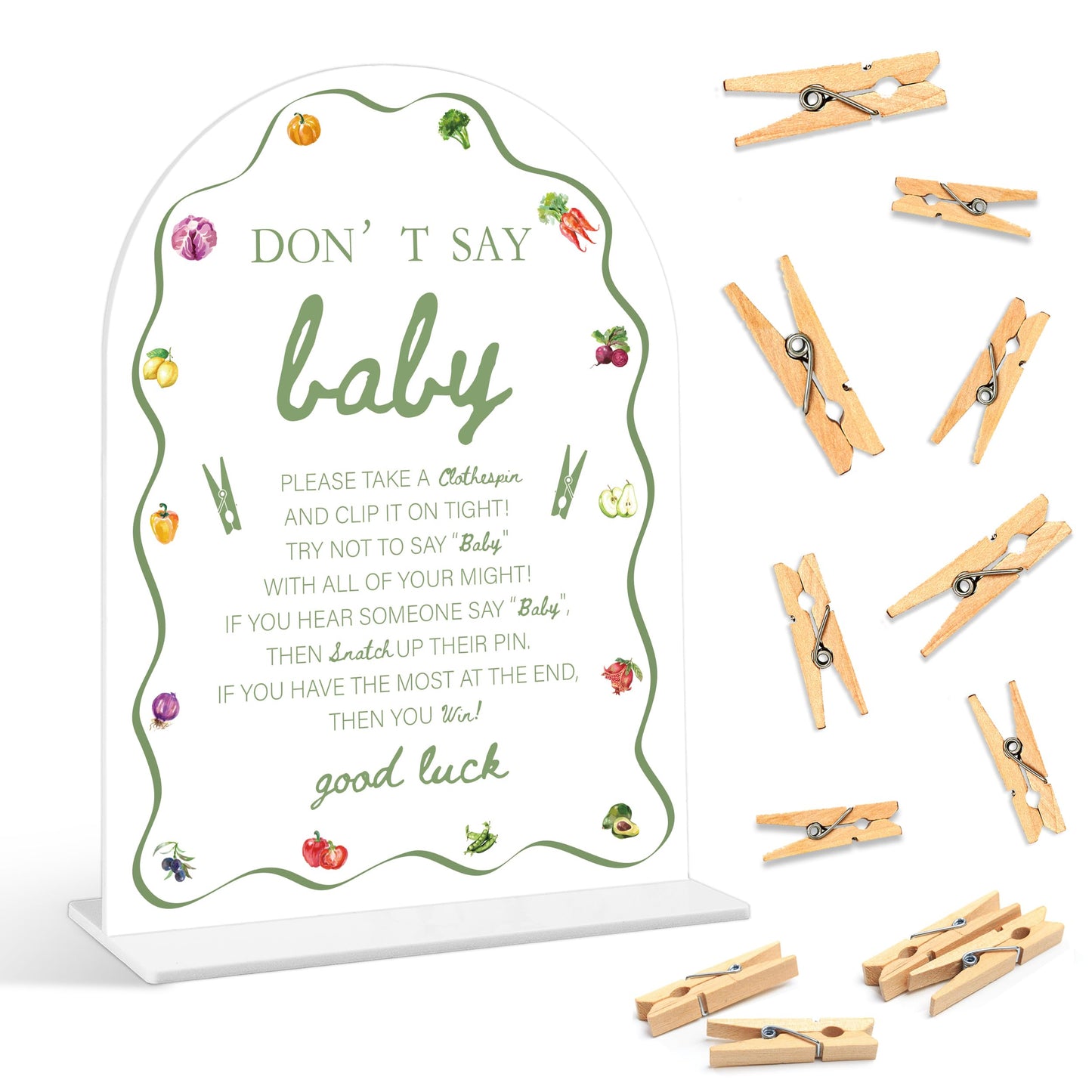 Baby Shower Games - Locally Grown Don't Say Baby Clothespin Game, 1 Sign and 50 Mini Clothespins, Gender Reveal Game, Farmers Market Baby Shower Decoration Supplies (ARI07)
