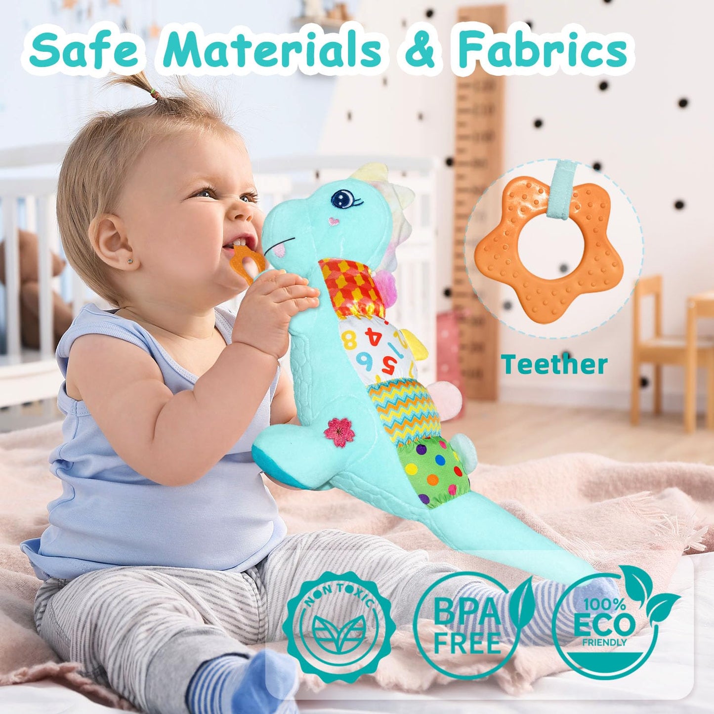 Baby Dino Plush Soft Stuffed Animal Toy for 0-3-6-12+ Months,Infant Musical Toy with Rattle,Squeaker,Sensory Crinkle,Teether & Textures,Tummy Time Toys Christmas Baby Gift for Newborn Girl Boy (Blue)