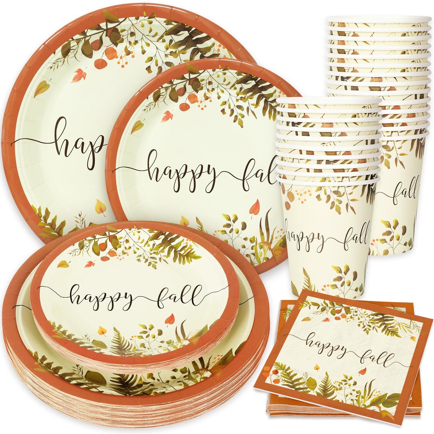 Whaline 24 Sets Fall Thanksgiving Paper Plates Cups and Napkins Party Decorations Rustic Autumn Leaves Disposable Paper Plates Happy Fall Paper Cups and Napkins for Holiday Wedding Birthday Party