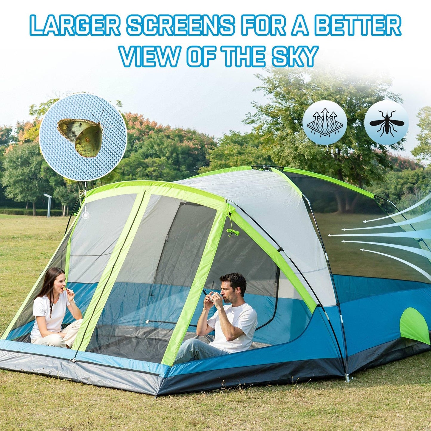 JELUCAMP 6/8 Person Large Waterproof Family Tents for Camping, Screened Camping Tent with Screen Porch, Bug-Free Relaxation & Easy Setup, Includes Rainfly & Carry Bag, Blue