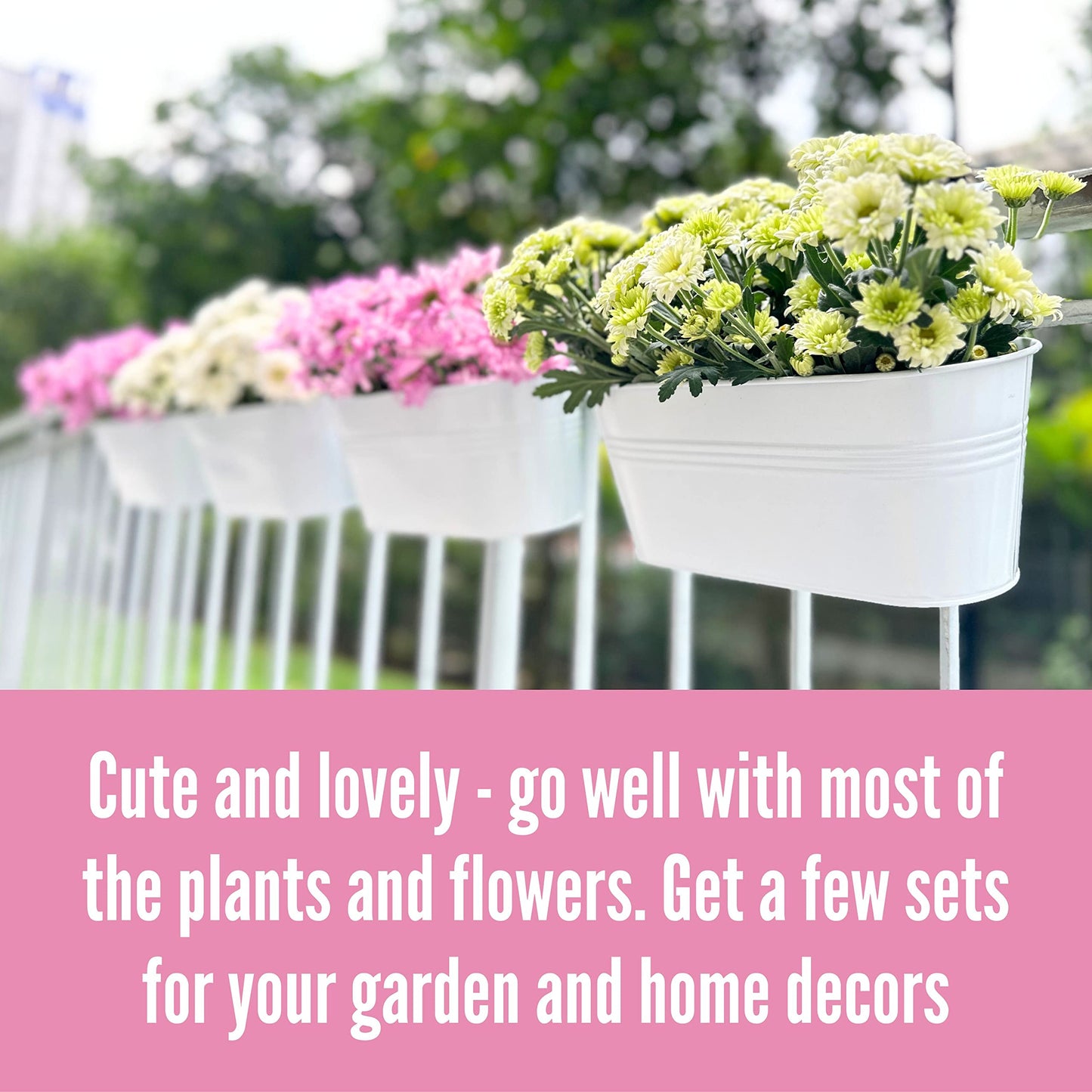 LaLaGreen Outdoor Rail Planter (10 Pack, 9.8 Inch) Small and Cute White Metal Iron Hanging Flower Pot Deck Railings Fence Buckets Countryside Style Wall Mount Window Box Plant Holder Hooks Porch Decor
